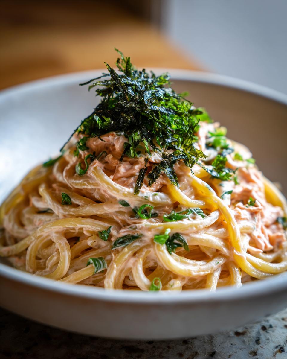 Close-up of Creamy Mentaiko Udon, a Japanese noodle dish with salty fish roe, seaweed, and herbs.