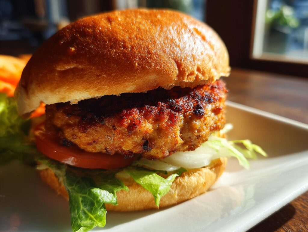 Close-up of a juicy Crispy Air Fryer Chicken Burger on a bun with lettuce and tomato.