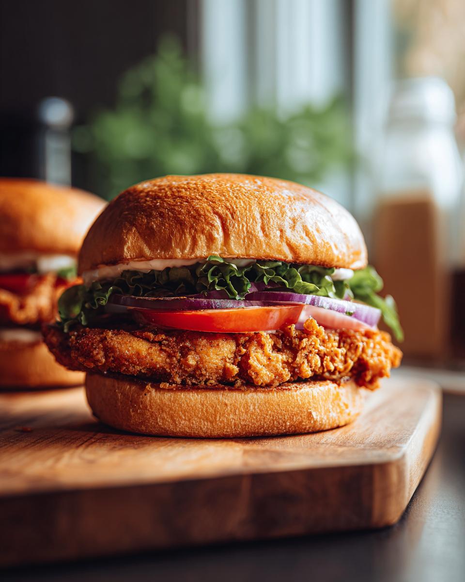 Close-up of a crispy air fryer chicken burger on a wooden board with lettuce, tomato, and red onion.