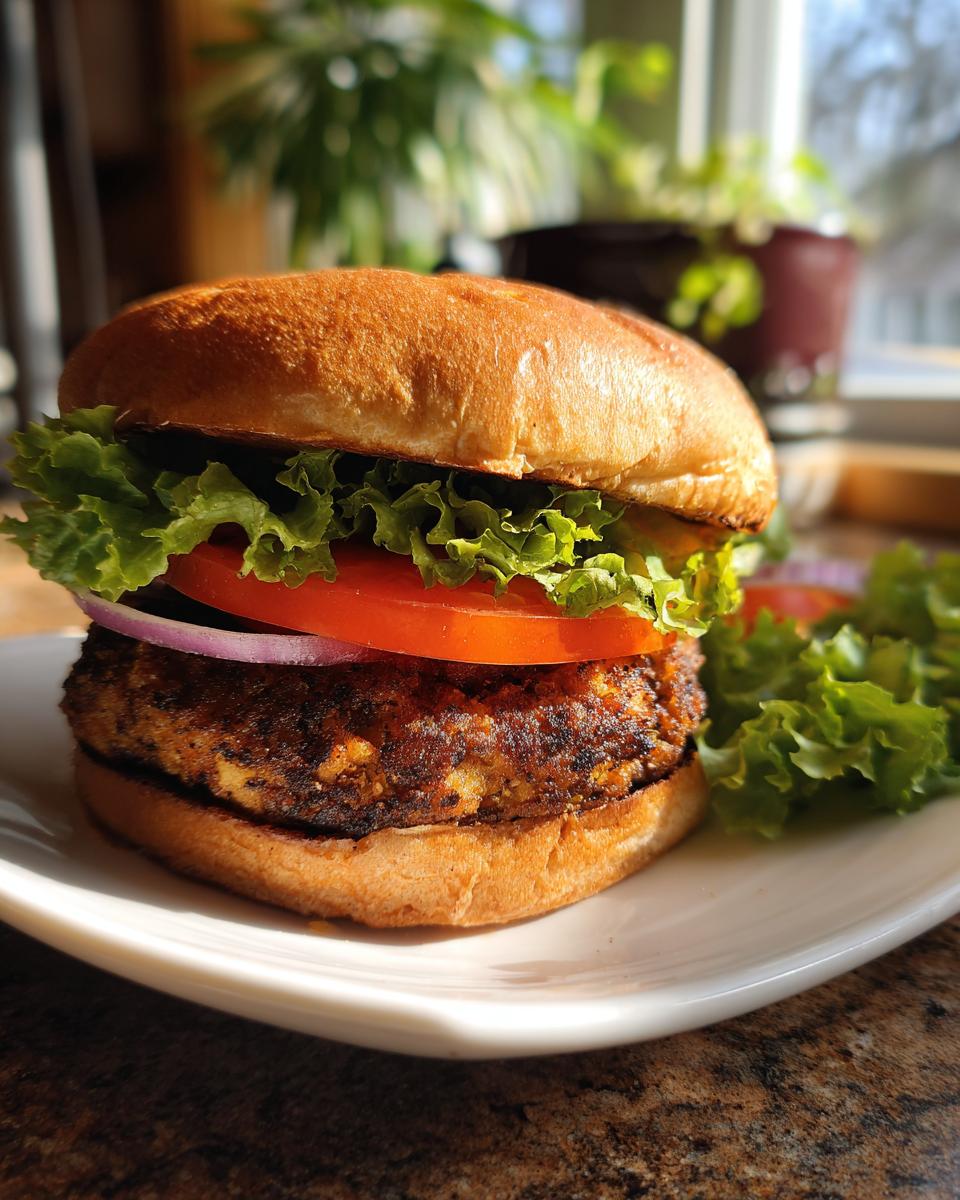 Close-up of a fully assembled Crispy Air Fryer Chicken Burger on a plate with lettuce, tomato, and red onion.