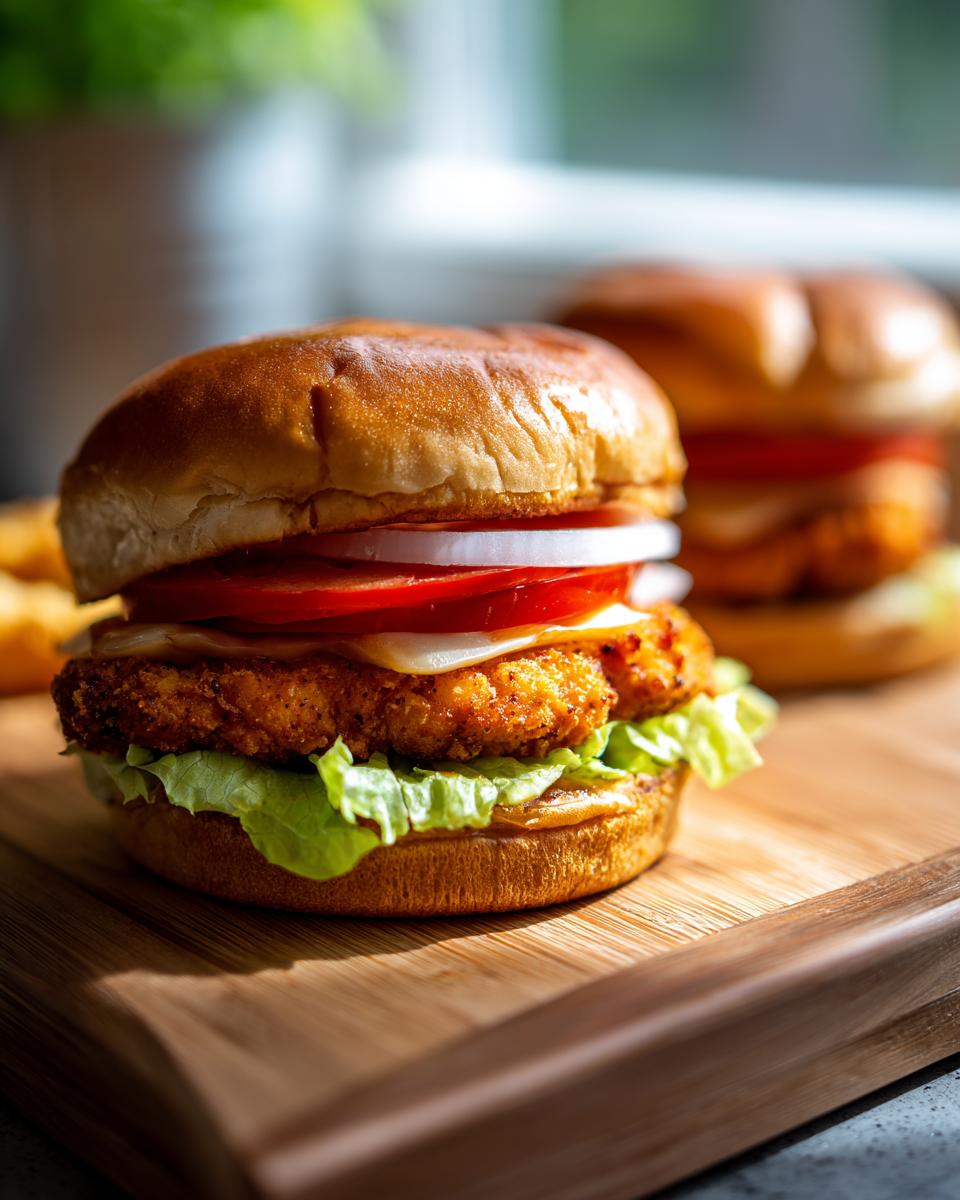 Close-up of a crispy air fryer chicken burger with lettuce, tomato, onion, and cheese on a bun.