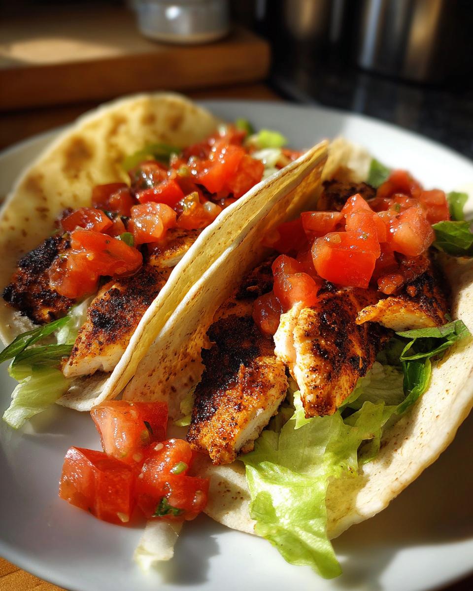 Close-up of two Easy Blackened Chicken Tacos with tomato salsa and lettuce.