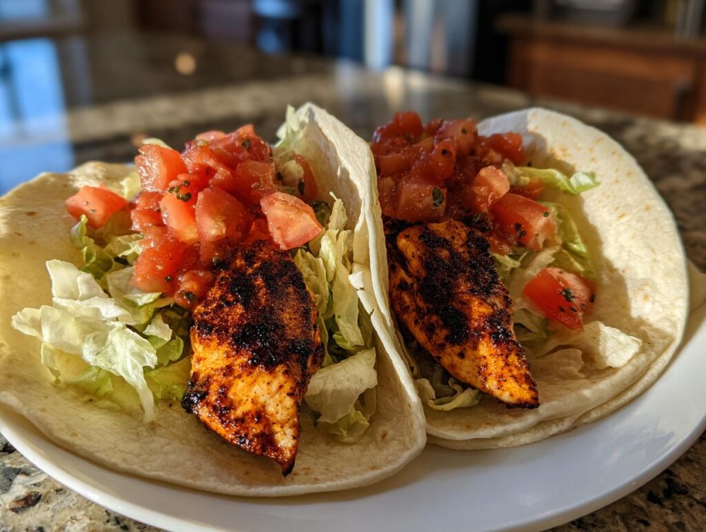 Two Easy Blackened Chicken Tacos with tomato salsa and lettuce.