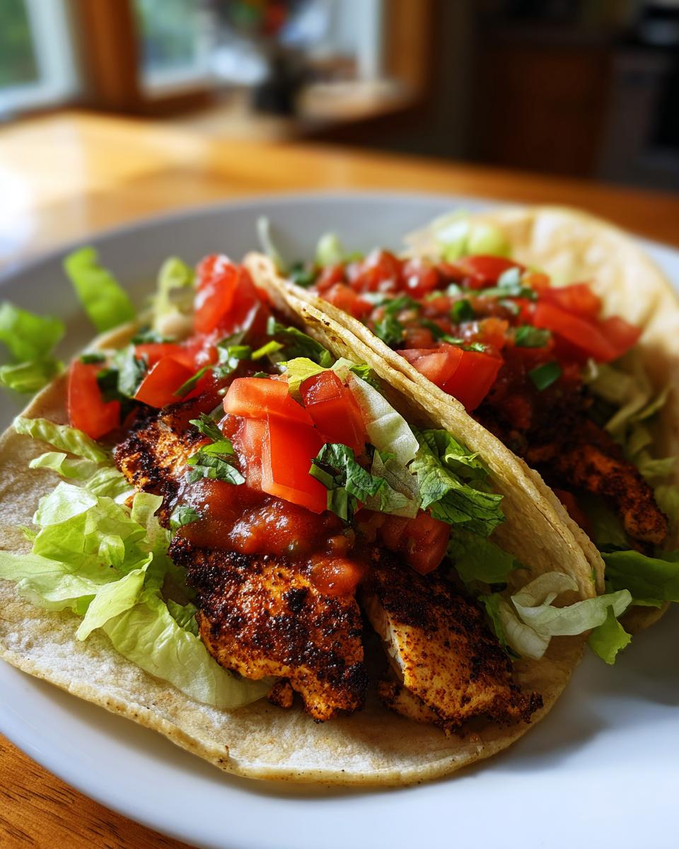 Close-up of two Easy Blackened Chicken Tacos on a white plate, filled with chicken, lettuce, and tomatoes.