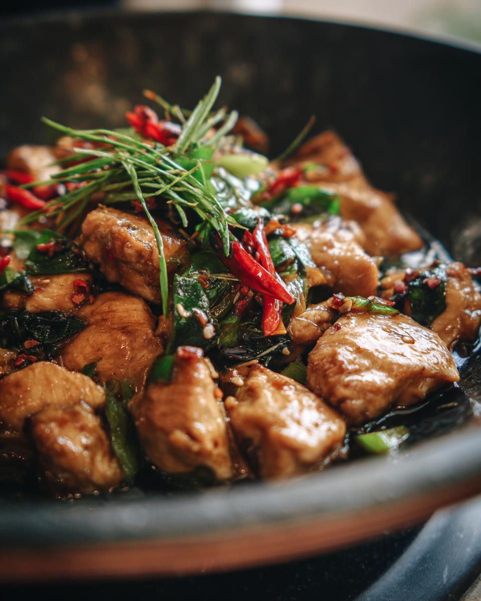 Close-up of a flavorful Easy Chicken Stir Fry with chicken pieces, vegetables, and chili peppers.