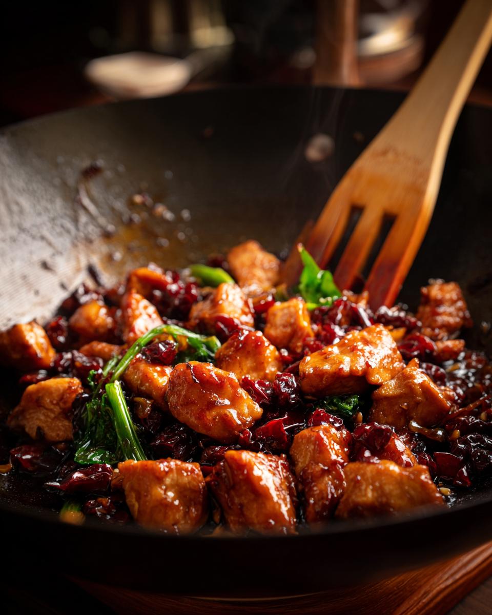 Close-up of Easy Chicken Stir Fry cooking in a wok with chicken, sauce, and vegetables.