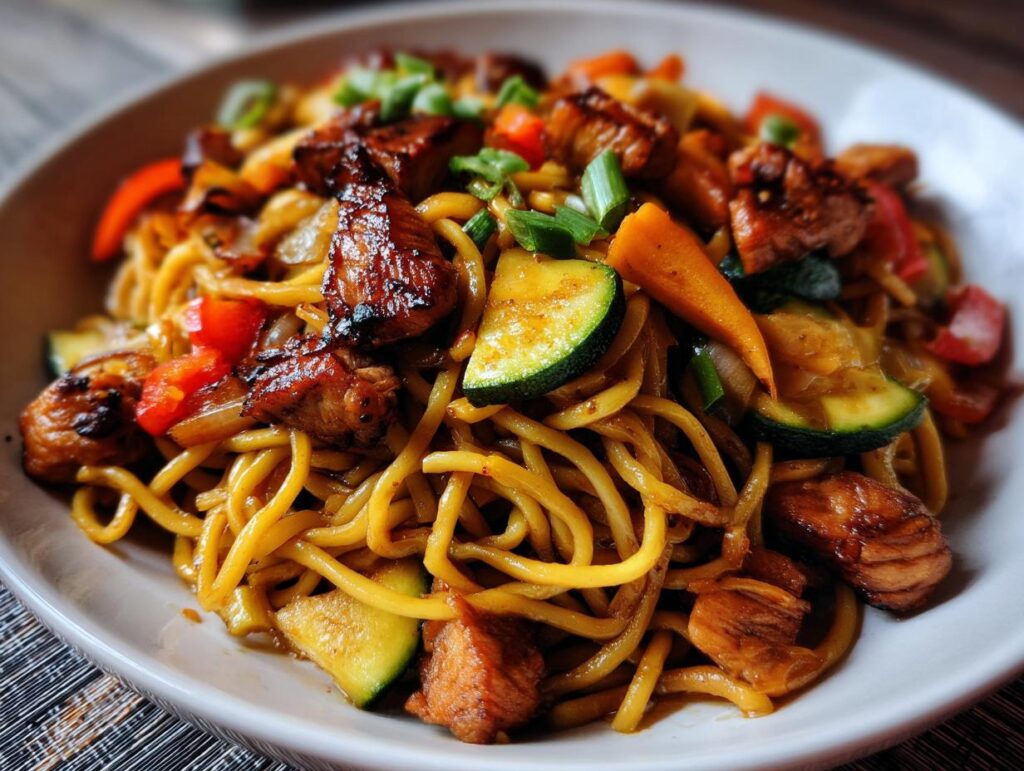 Close-up of a plate of Easy Chicken Stir Fry with noodles, vegetables, and chicken.