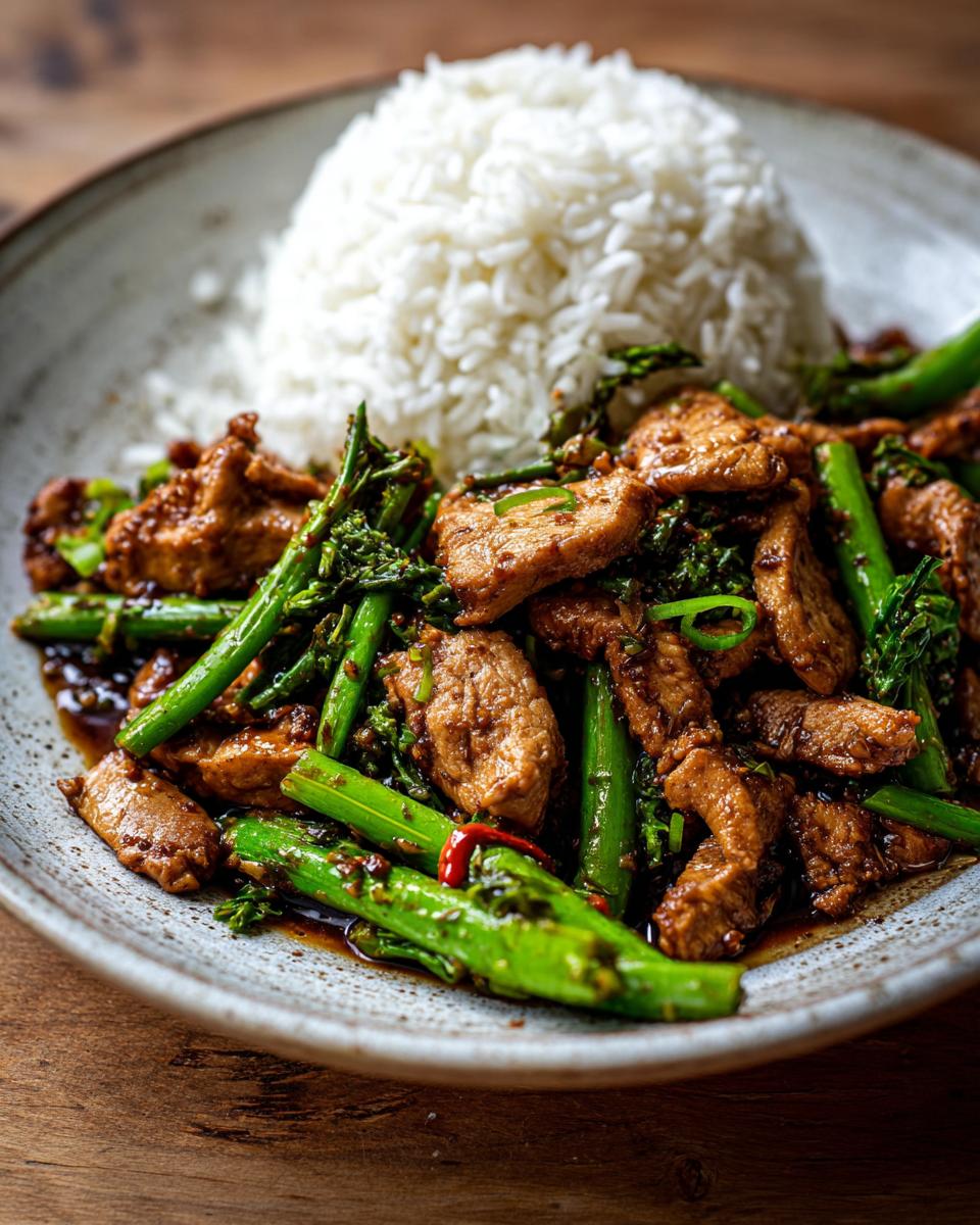 Close-up of a plate of Easy Chicken Stir Fry with rice and green vegetables, a quick and easy dinner.