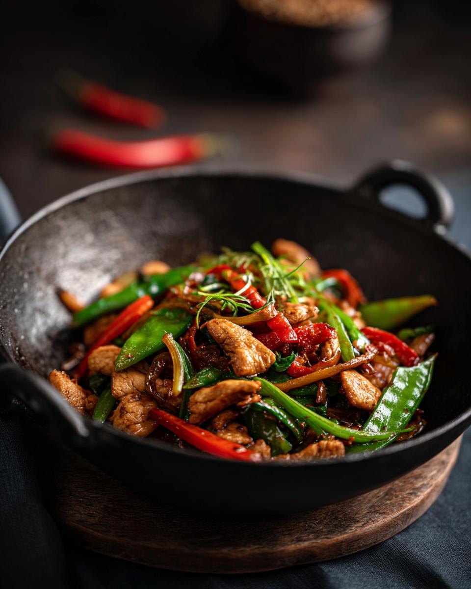 Close-up of a vibrant Easy Chicken Stir Fry with vegetables in a black wok.