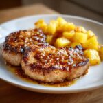 Two cooked Easy Pineapple Pork Chops with a sweet glaze, served with pineapple chunks on a white plate.