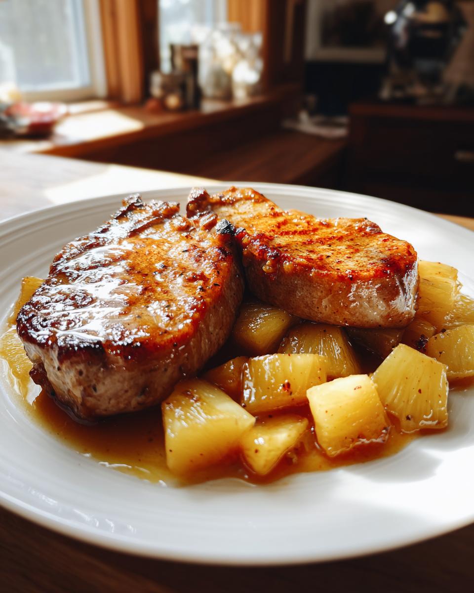Close-up of two Easy Pineapple Pork Chops served on a white plate with pineapple.