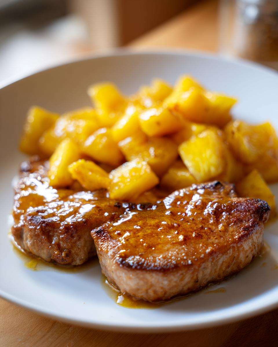Close-up of Easy Pineapple Pork Chops served with pineapple chunks on a white plate.
