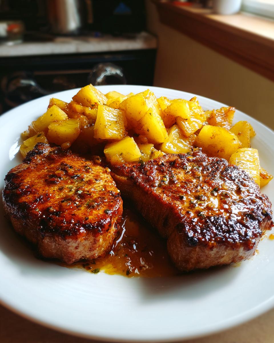 Plate of Easy Pineapple Pork Chops with pineapple chunks, ready to eat.