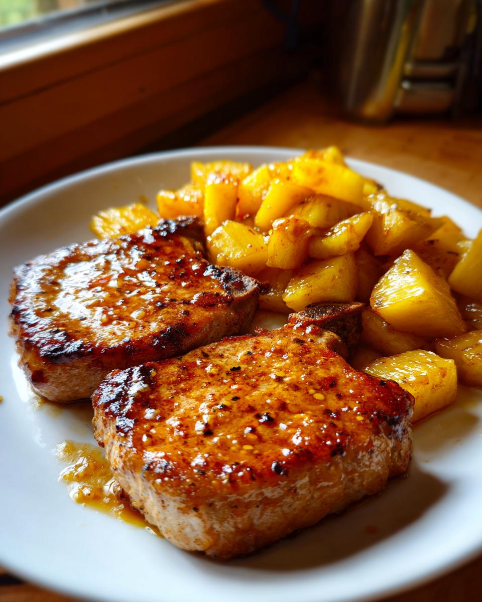 Plate of Easy Pineapple Pork Chops with cooked pineapple chunks, ready to eat.