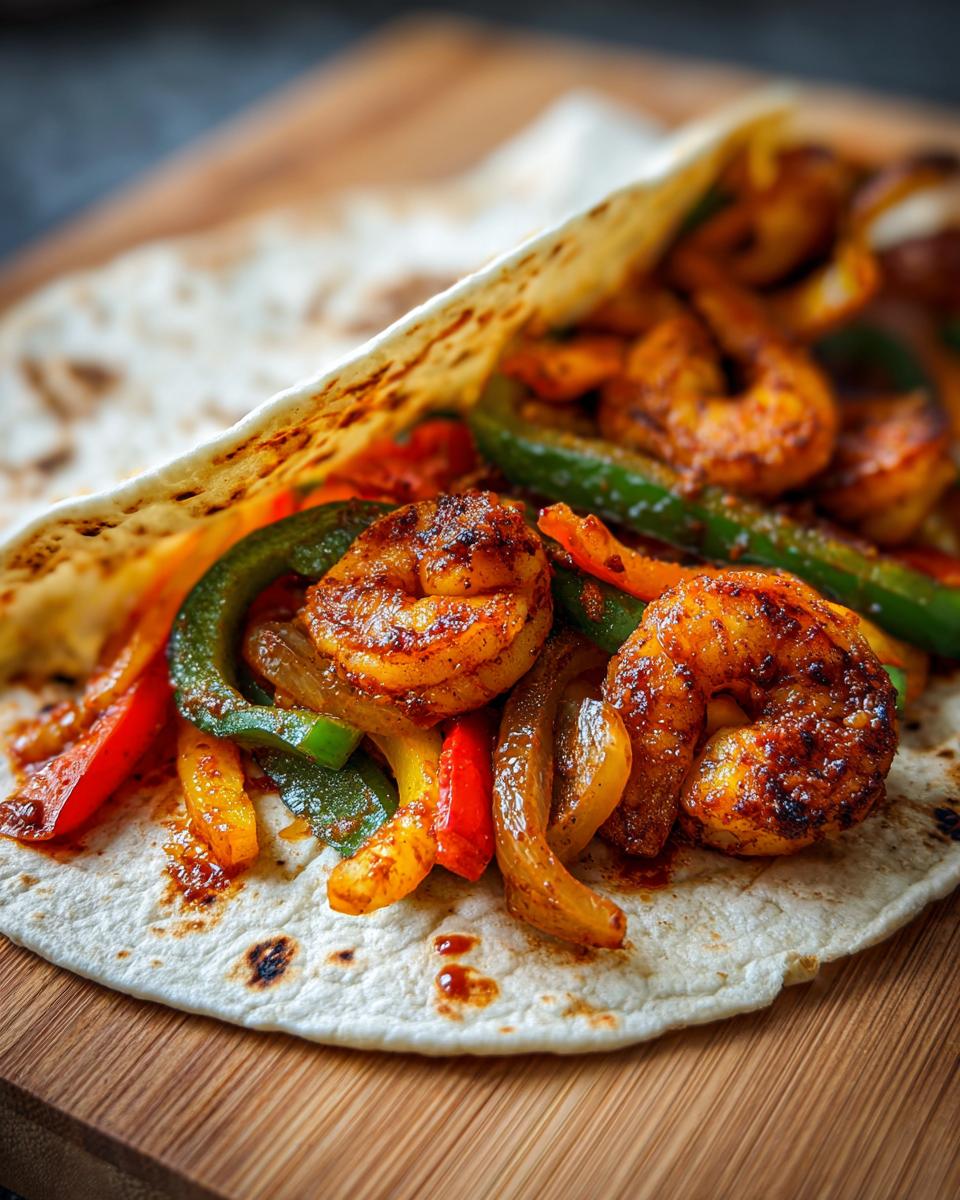 Close-up of a shrimp fajita in a tortilla, filled with shrimp and colorful bell peppers. The image shows the Easy Shrimp Fajitas.