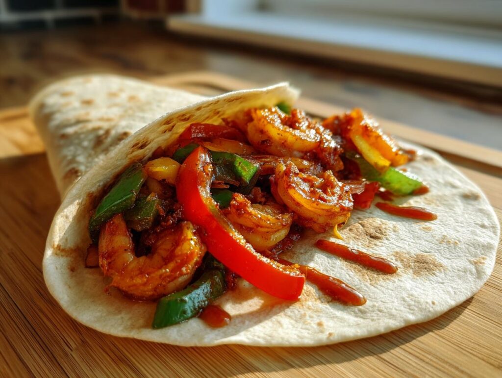 Close-up of Easy Shrimp Fajitas in a tortilla with shrimp, peppers, and sauce.