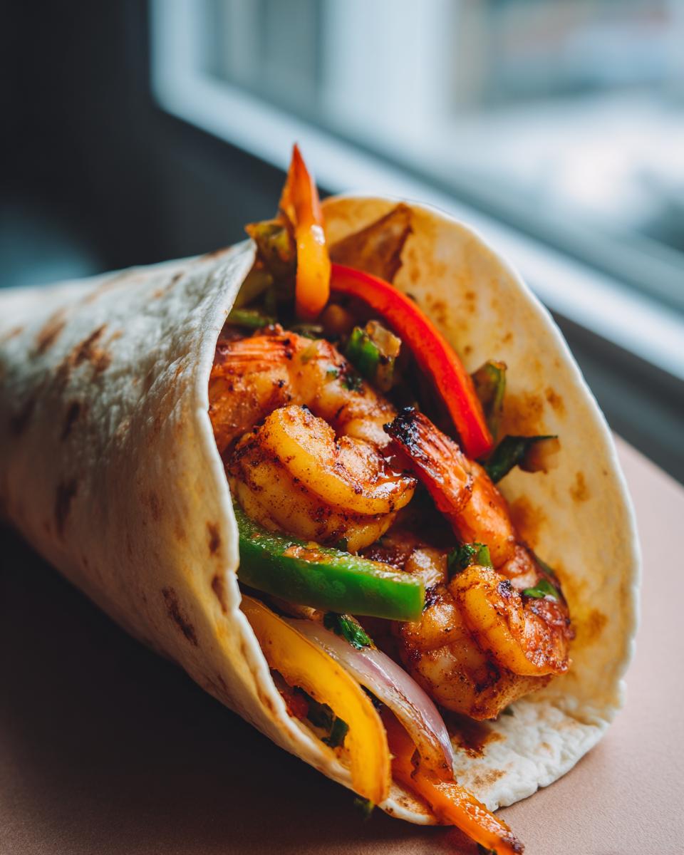 Close-up of an Easy Shrimp Fajitas in a tortilla, filled with shrimp and colorful peppers.
