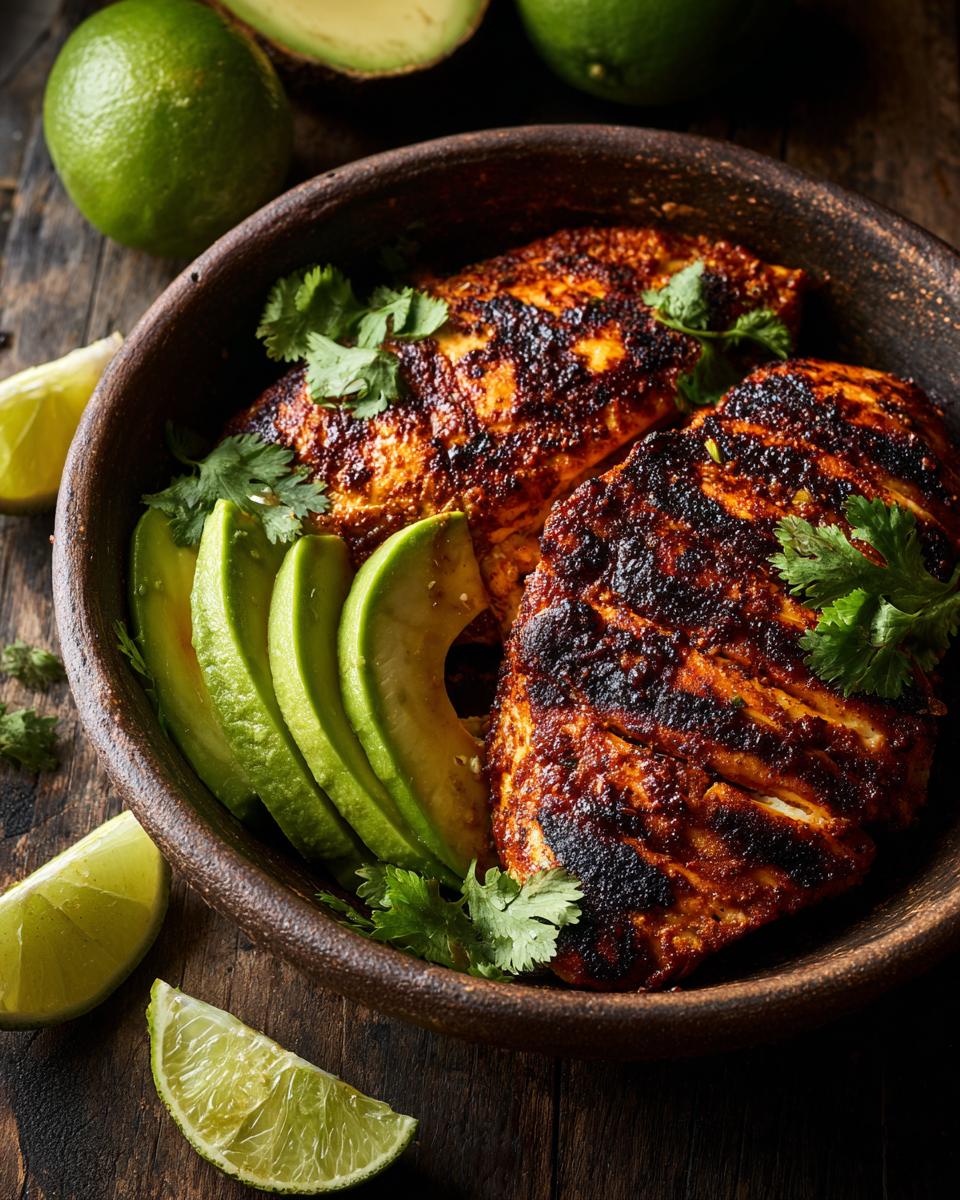 Close-up of Fiesta Lime Chicken with avocado slices, cilantro, and lime wedges in a bowl.