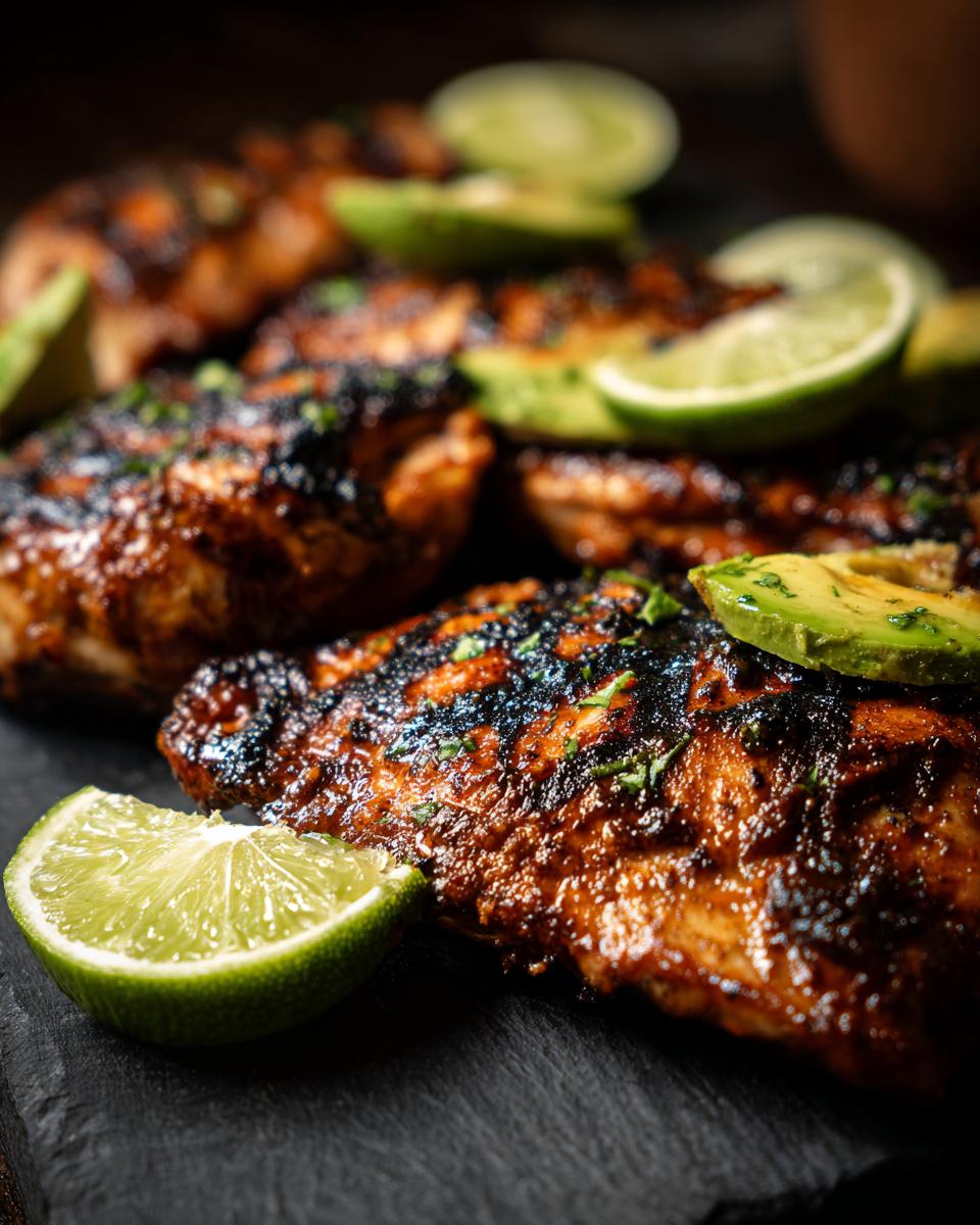 Close-up of Fiesta Lime Chicken with avocado slices and lime wedges on a dark surface.