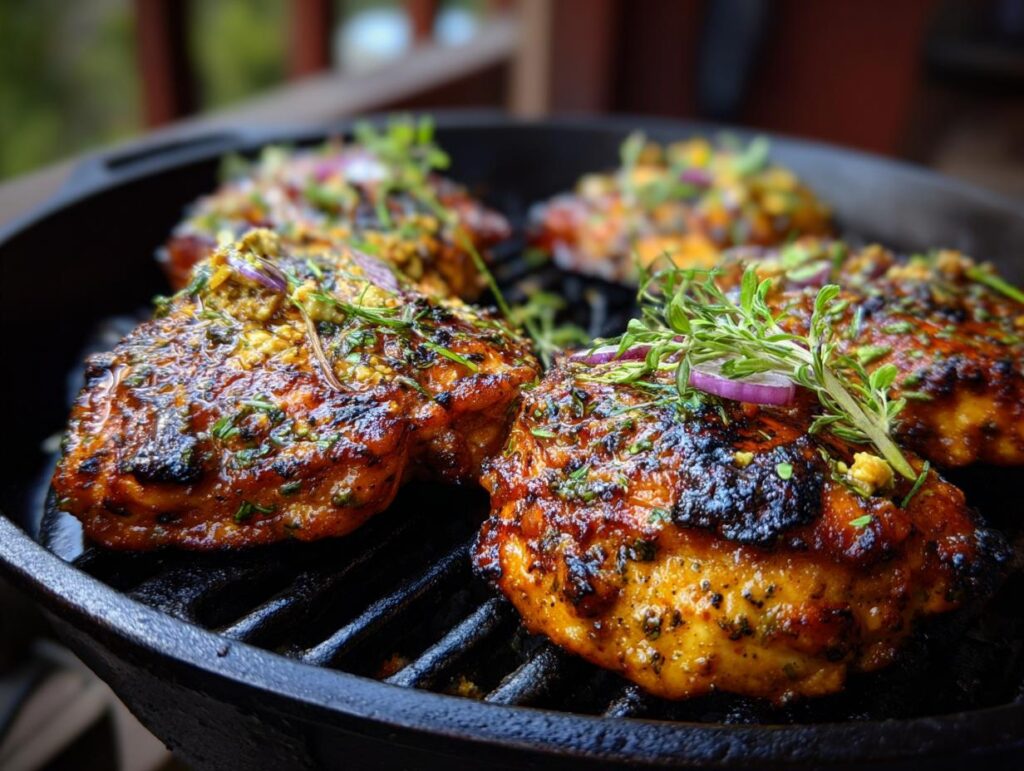 Close-up of grilled Fiesta Lime Chicken thighs, garnished with herbs, ready to eat.