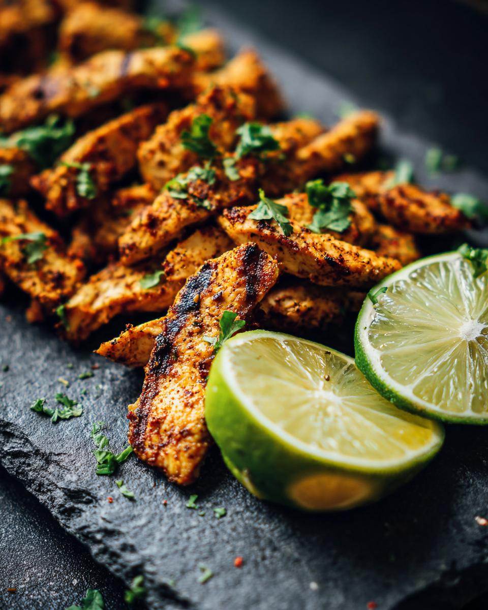 Close-up of Fiesta Lime Chicken strips with lime wedges and fresh herbs on a dark surface.