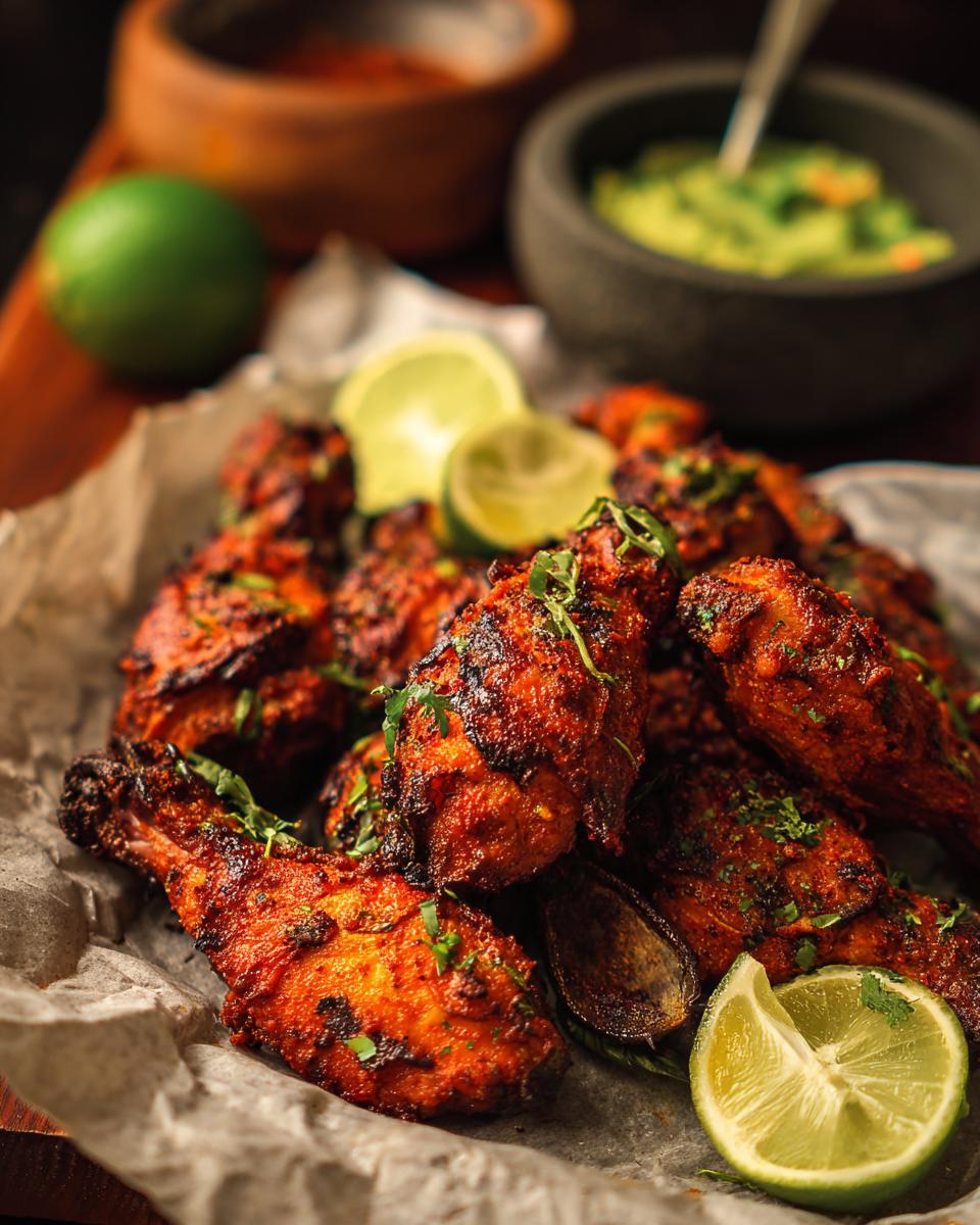 Close-up of Fiesta Lime Chicken with avocado, lime wedges, and guacamole.