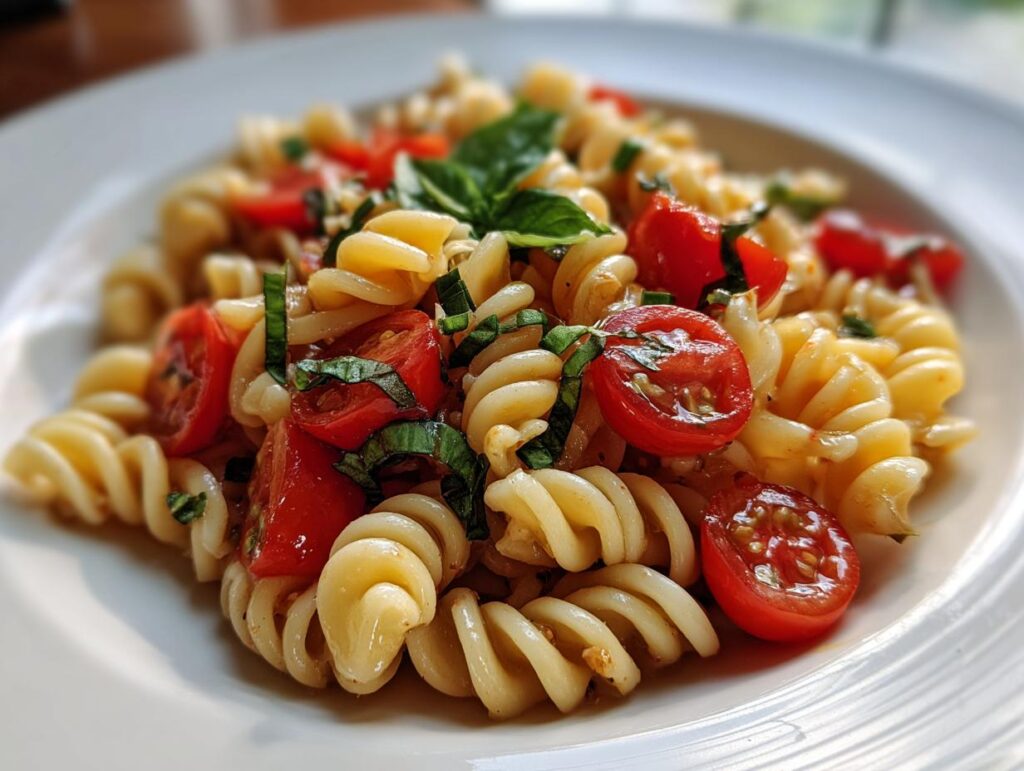 Close-up of Fresh Tomato Bruschetta Pasta with tomatoes, basil, and pasta in a white bowl.