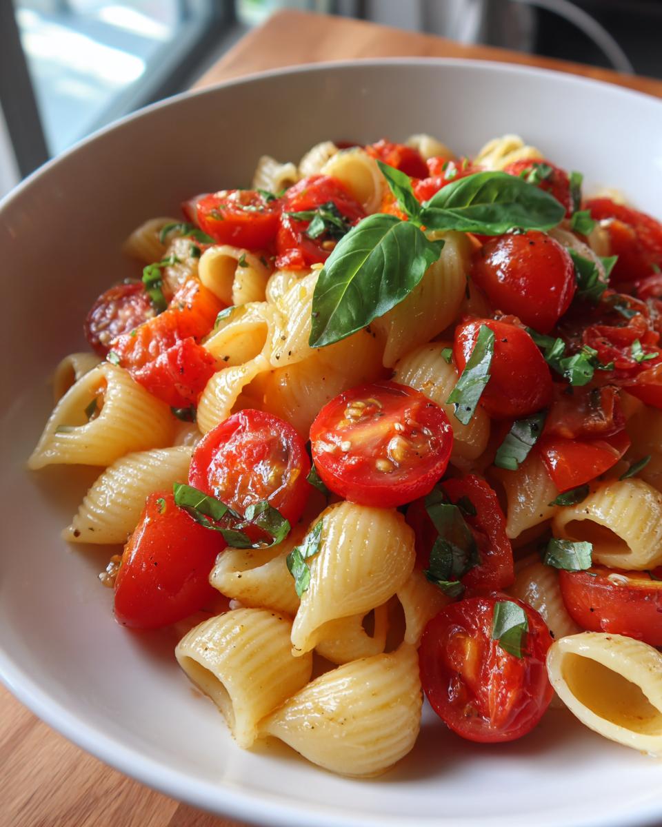 Close-up of Fresh Tomato Bruschetta Pasta with tomatoes, basil, and pasta in a white bowl.