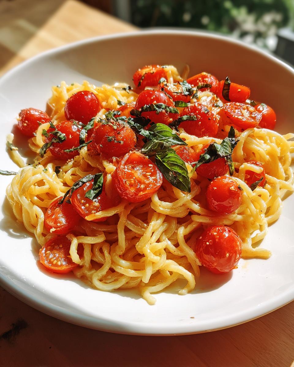 Close-up of Fresh Tomato Bruschetta Pasta in a white bowl, garnished with basil.