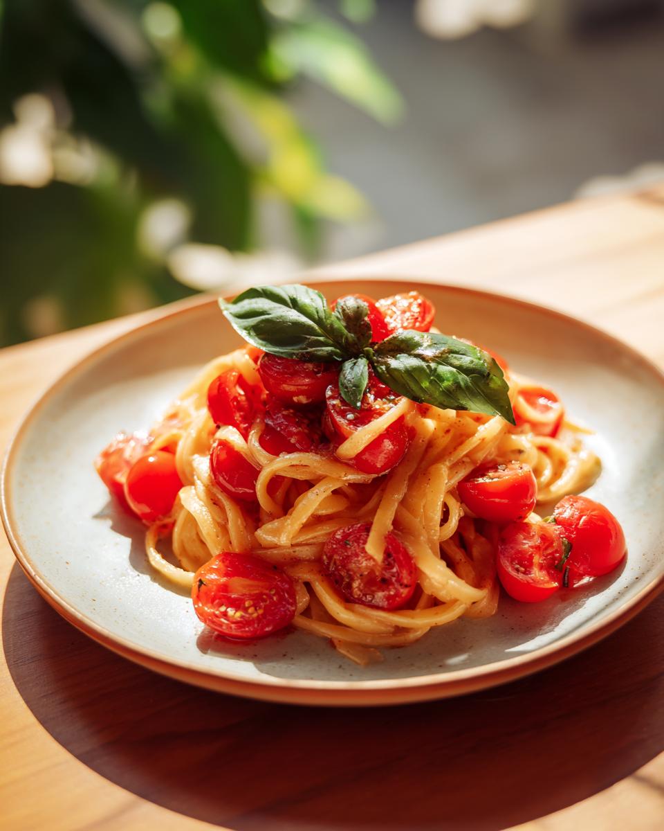 A plate of Fresh Tomato Bruschetta Pasta, garnished with fresh basil, in a well-lit setting.