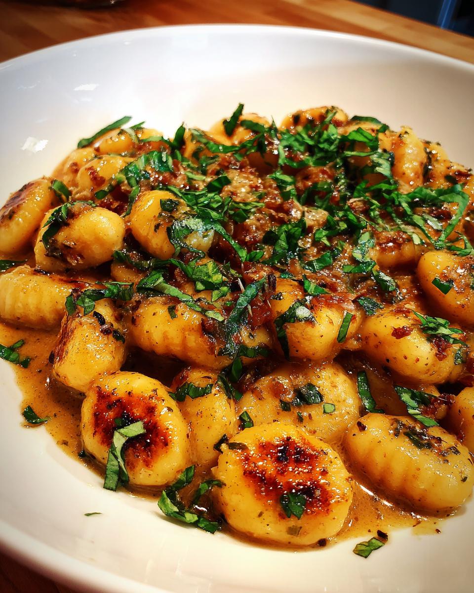 Close-up of Gnocchi with Basil Brown Butter in a white bowl, garnished with fresh basil.