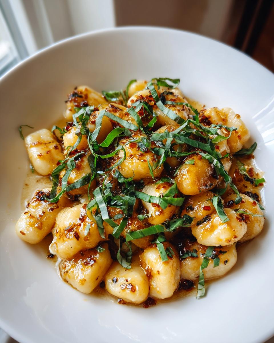 Close-up of Gnocchi with Basil Brown Butter in a white bowl, garnished with fresh basil.