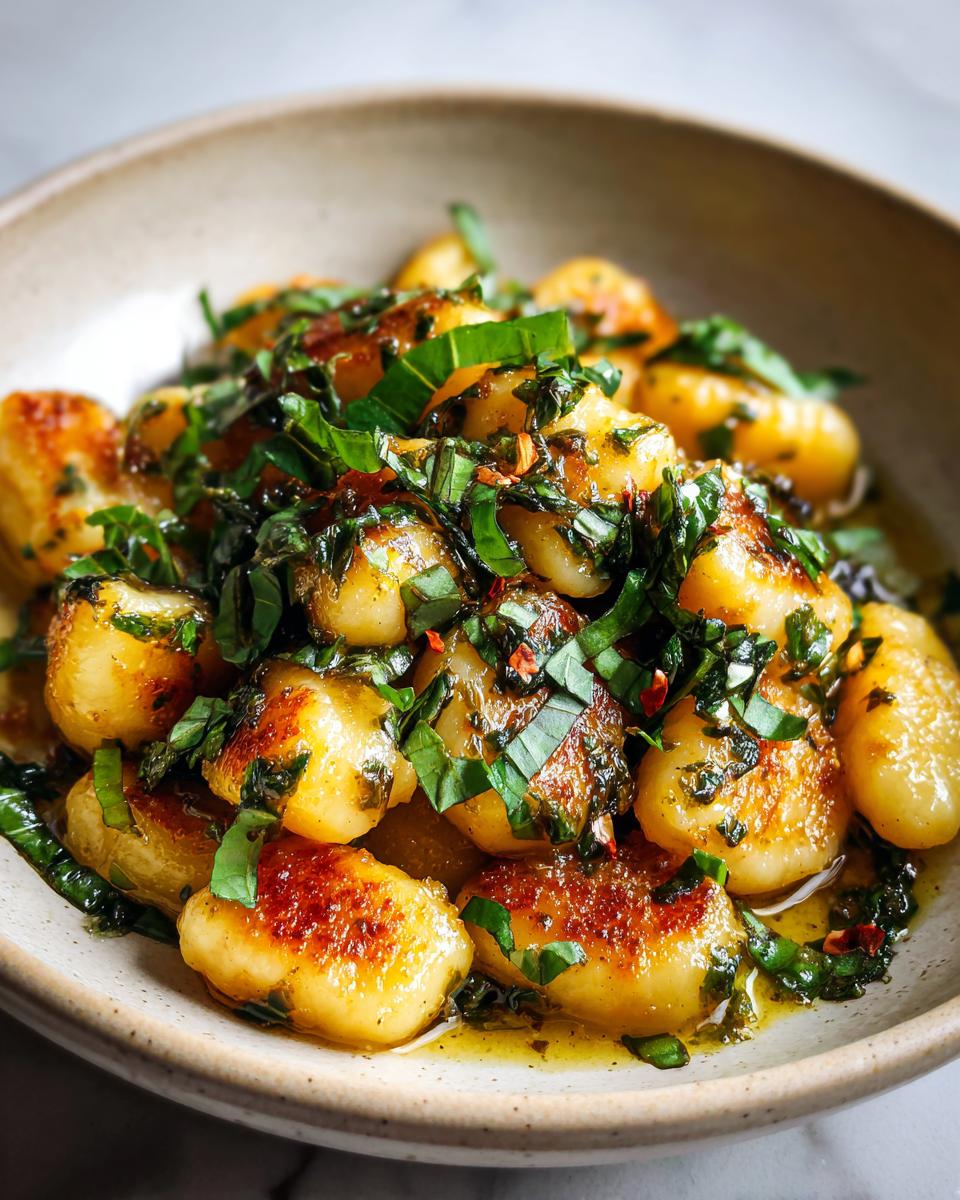Close-up of Gnocchi with Basil Brown Butter in a bowl, garnished with fresh basil.