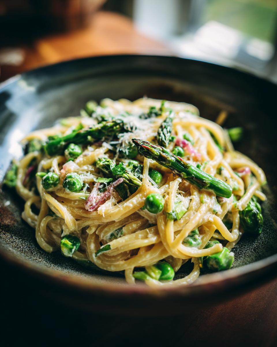 Close-up of Goat Cheese Pasta with Spring Vegetables, including asparagus and peas, in a bowl.