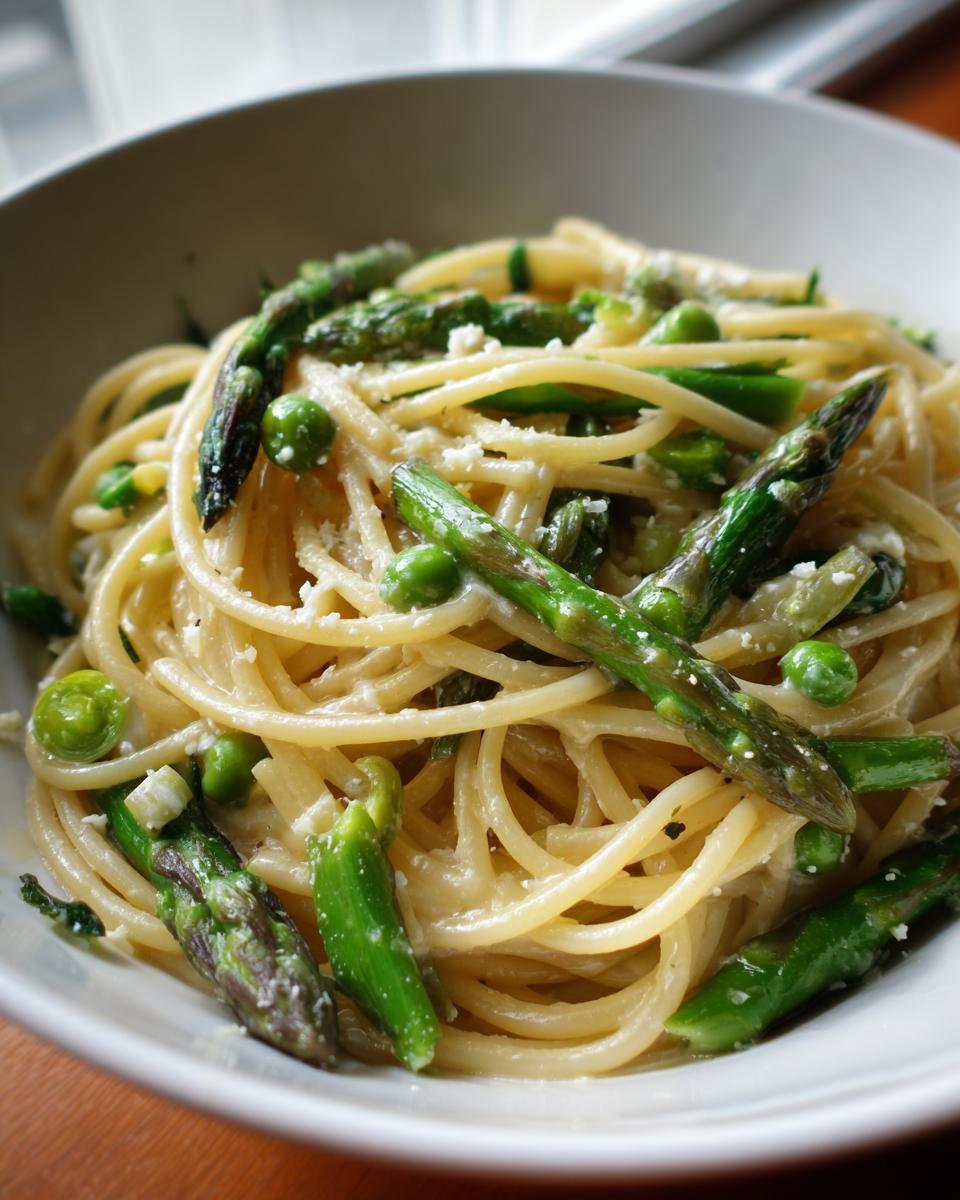 Close-up of Goat Cheese Pasta with Spring Vegetables, asparagus and peas.