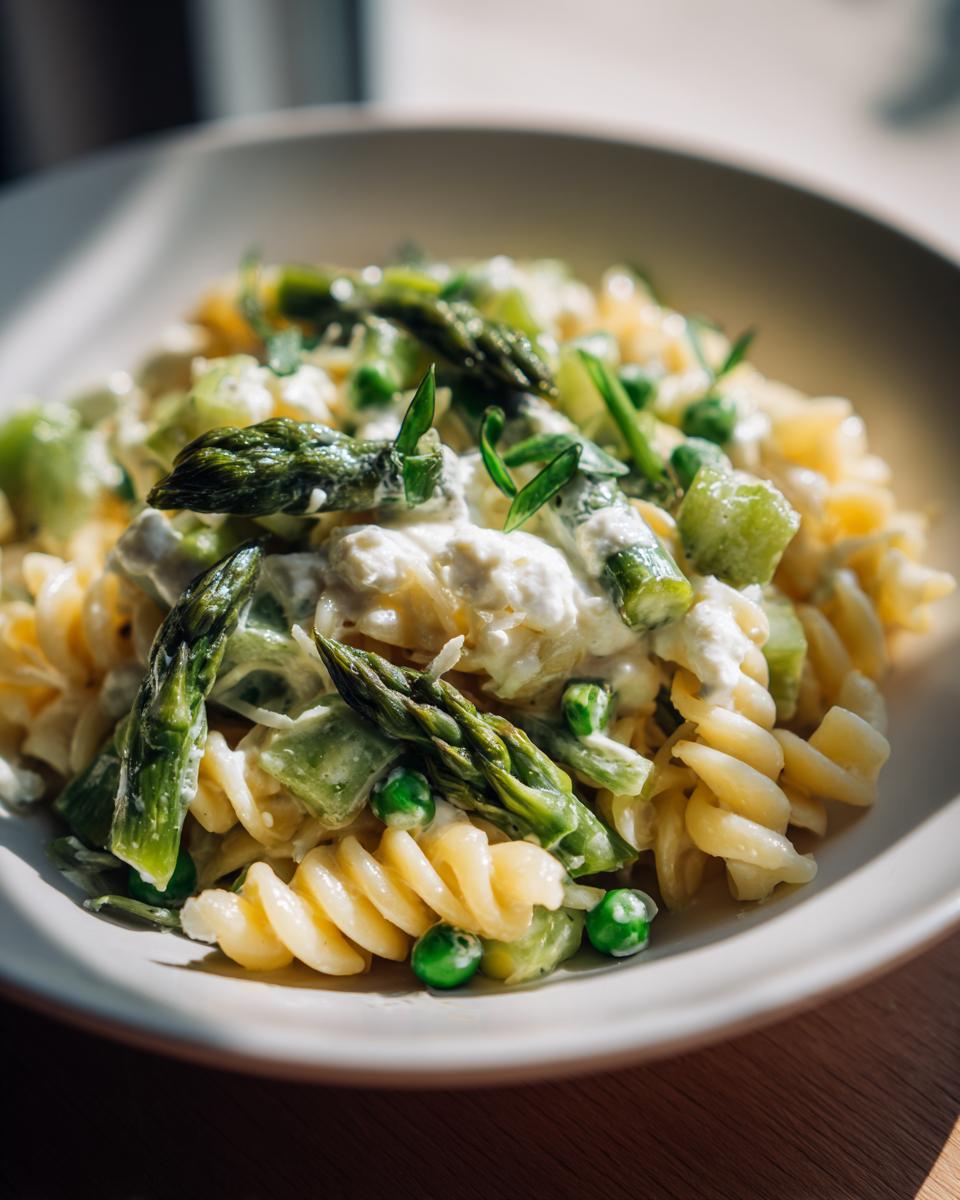Close-up of Goat Cheese Pasta with Spring Vegetables, including asparagus and peas.