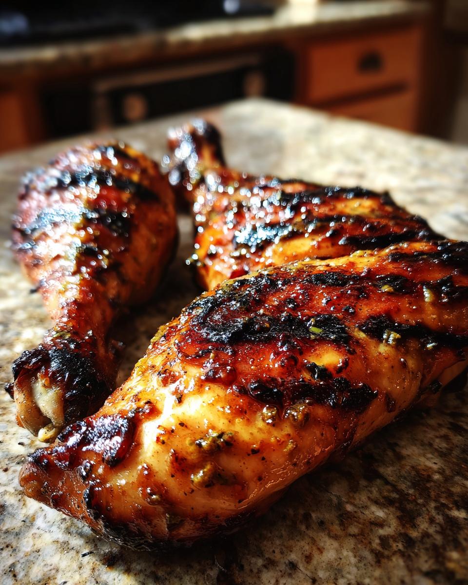 Close-up of delicious Grilled Honey Mustard Chicken Drumsticks, showing the flavorful glaze and grill marks.