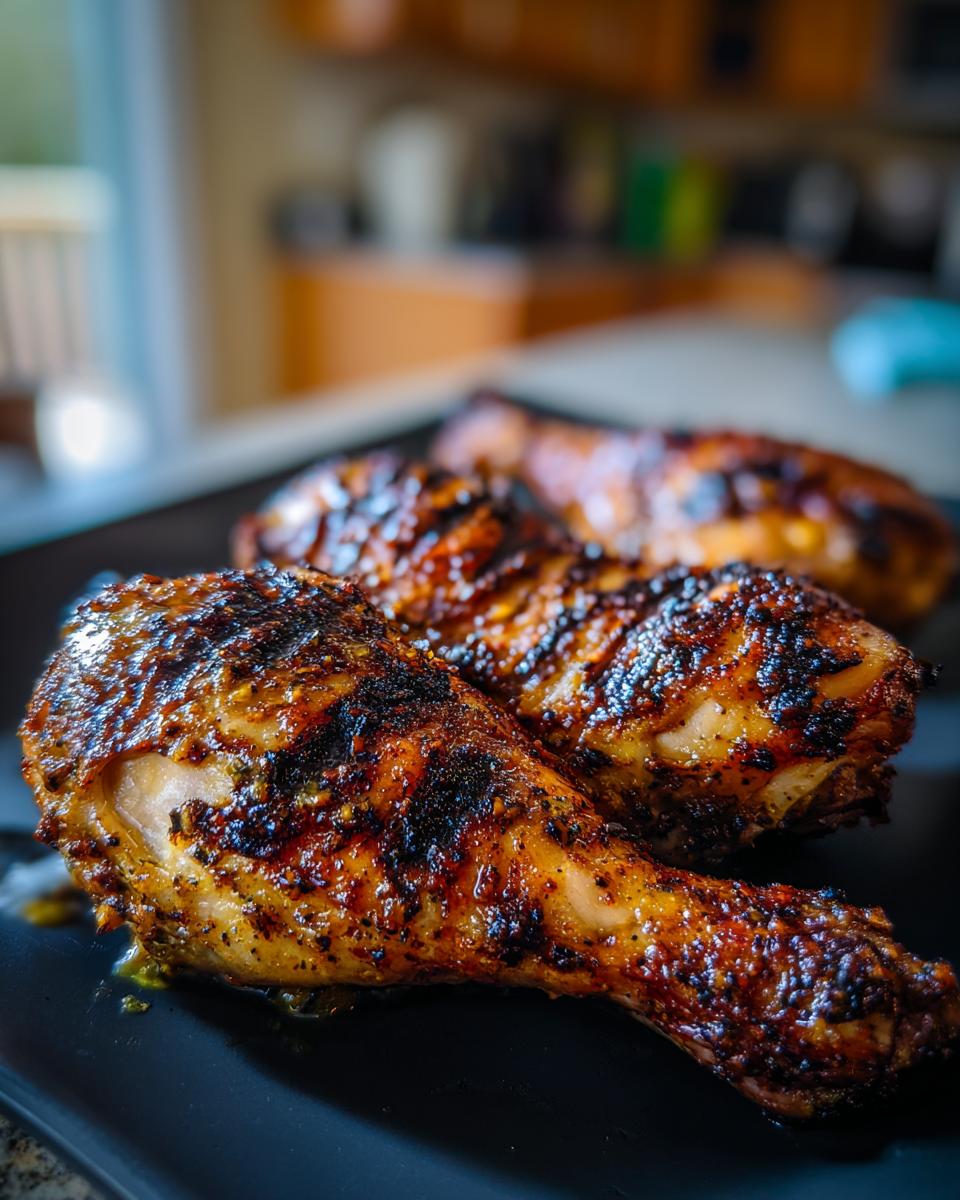 Close-up of delicious Grilled Honey Mustard Chicken Drumsticks on a black plate, ready to eat.