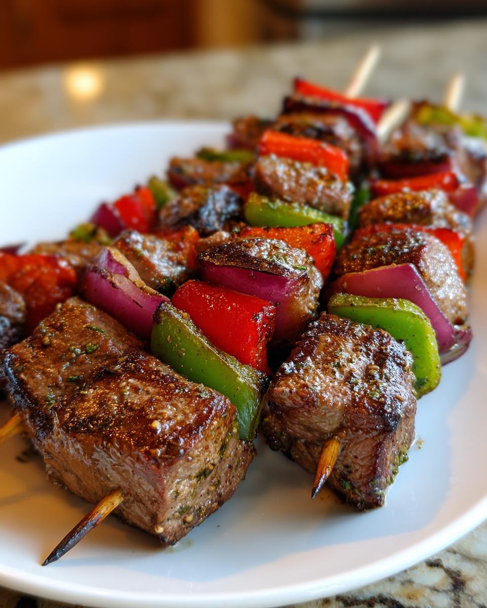 Close-up of grilled lamb kabobs with red onion, bell peppers, and lamb.