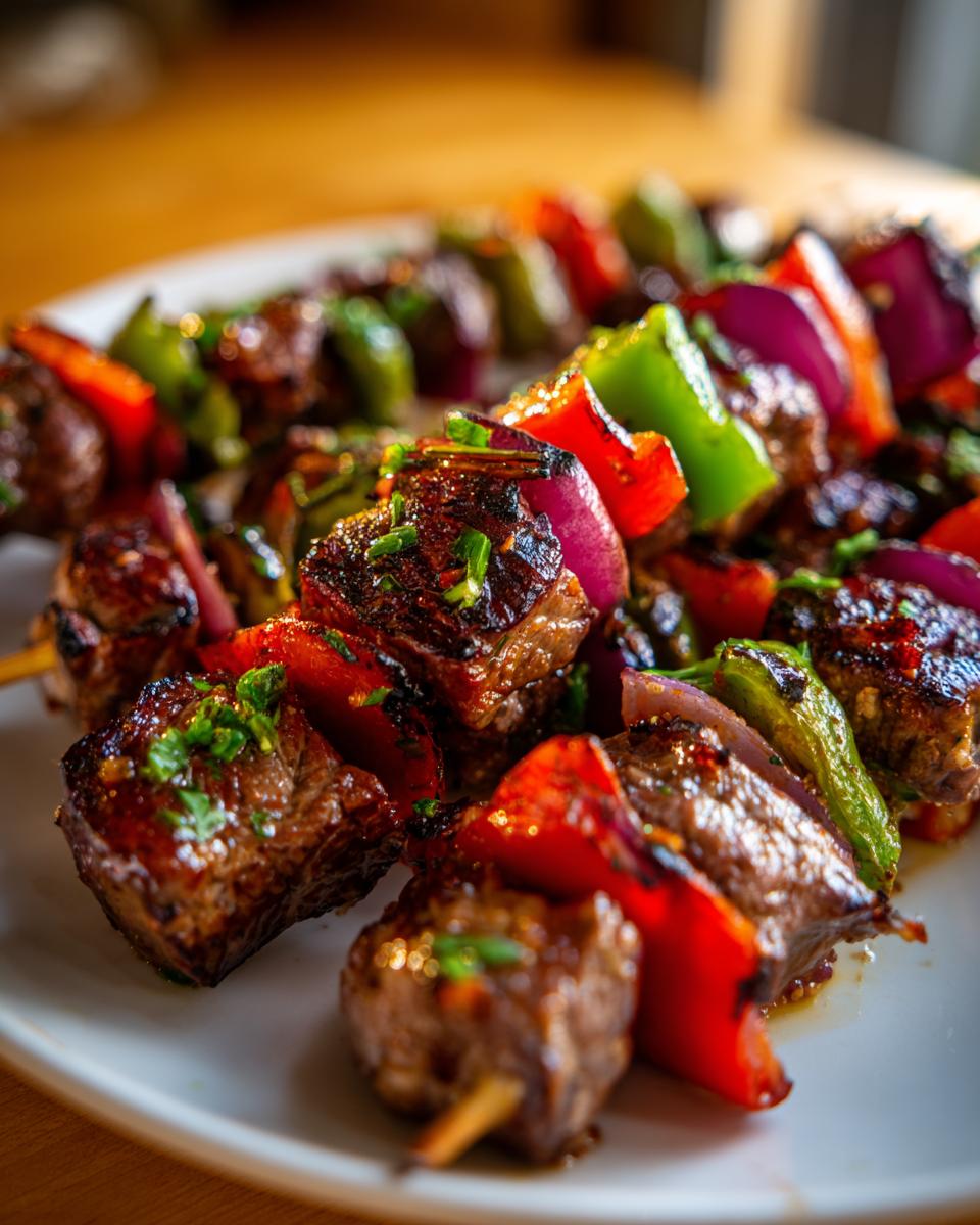 Close-up of delicious grilled Lamb Kabobs with red onion, bell peppers, and juicy lamb.