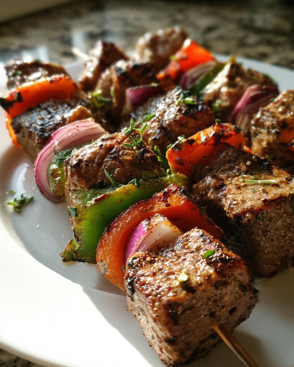 Close-up of grilled Lamb Kabobs with red onion, bell peppers, and lamb.