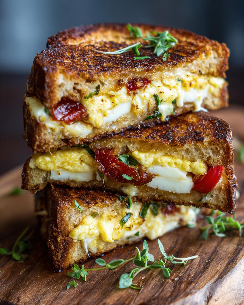 Close-up of a stack of Halloumi Grilled Cheese Sandwiches on a wooden board, with herbs.