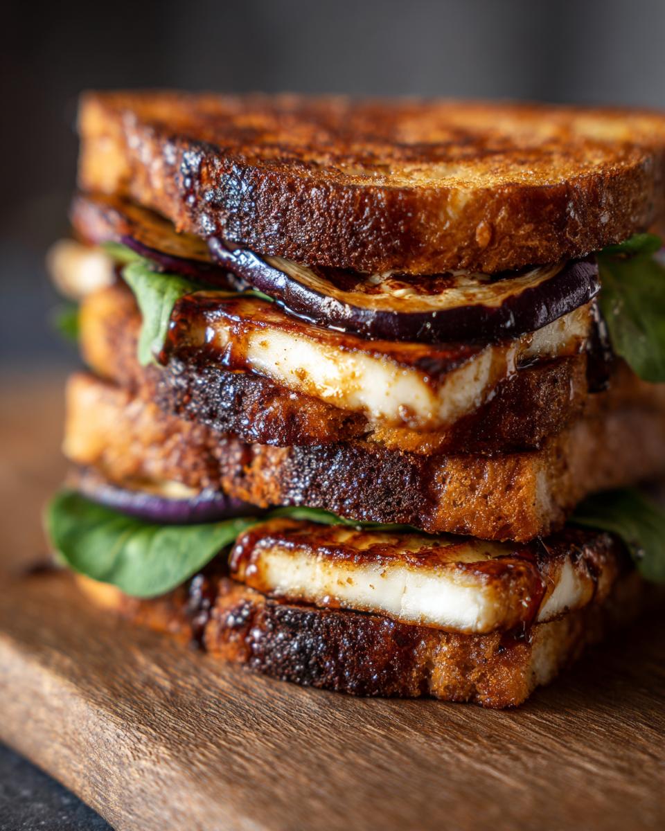 Close-up of a delicious Halloumi Grilled Cheese Sandwich on a wooden board, with halloumi, eggplant and spinach.