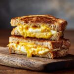 Close-up of a stacked Halloumi Grilled Cheese Sandwich on a wooden board, showing melted cheese and toasted bread.