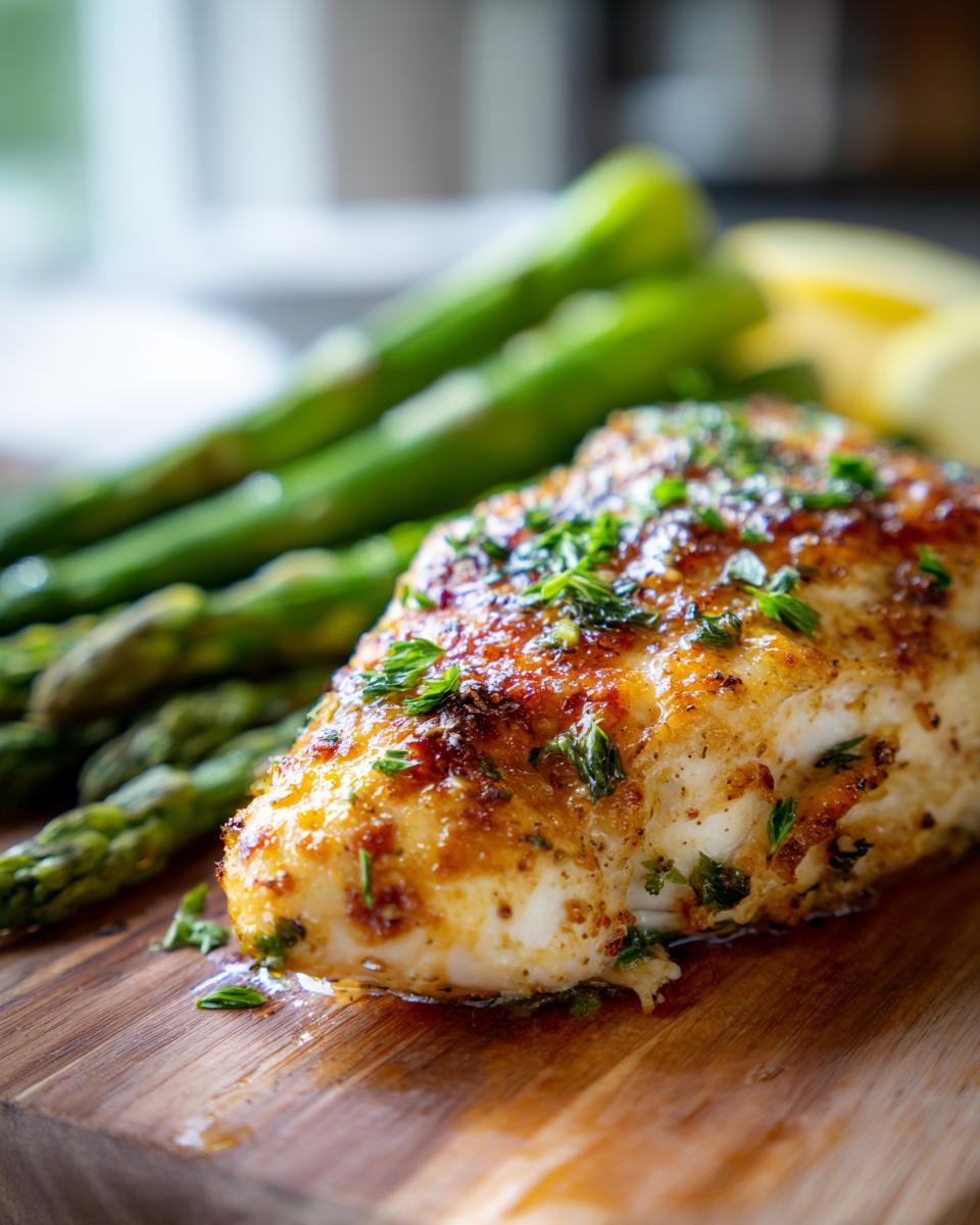 Close-up of pan-seared chicken breast with asparagus, a healthy spring dinner recipe.