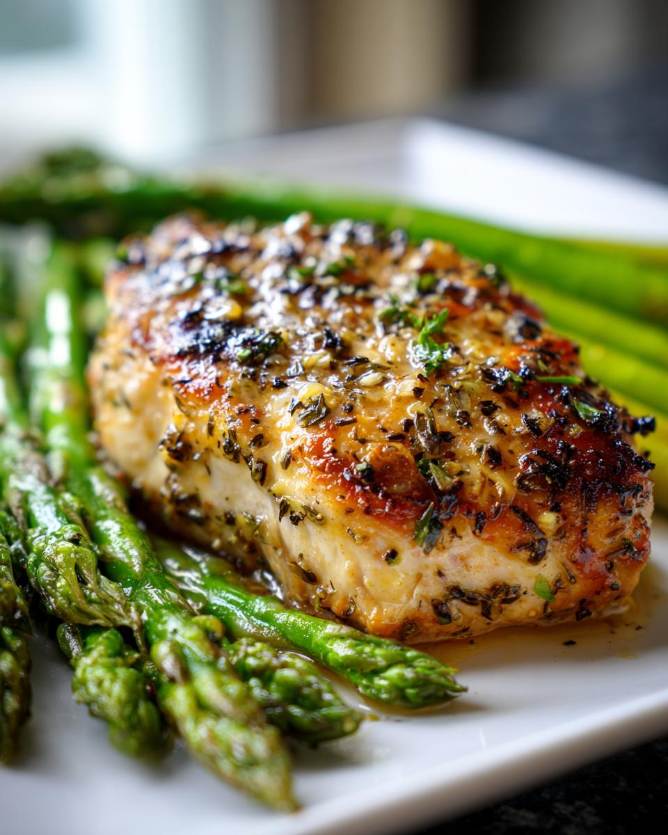 Close-up of roasted chicken breast with asparagus, a healthy spring dinner recipe.