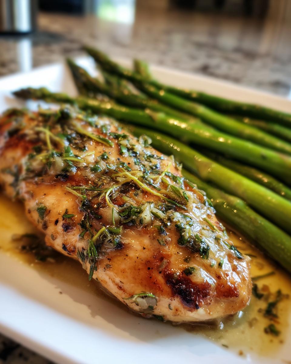 Grilled chicken breast with asparagus, a healthy spring dinner recipe for busy families.
