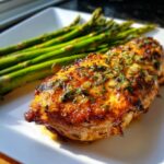 Delicious herb-crusted chicken breast served with asparagus, perfect for healthy spring dinner recipes.