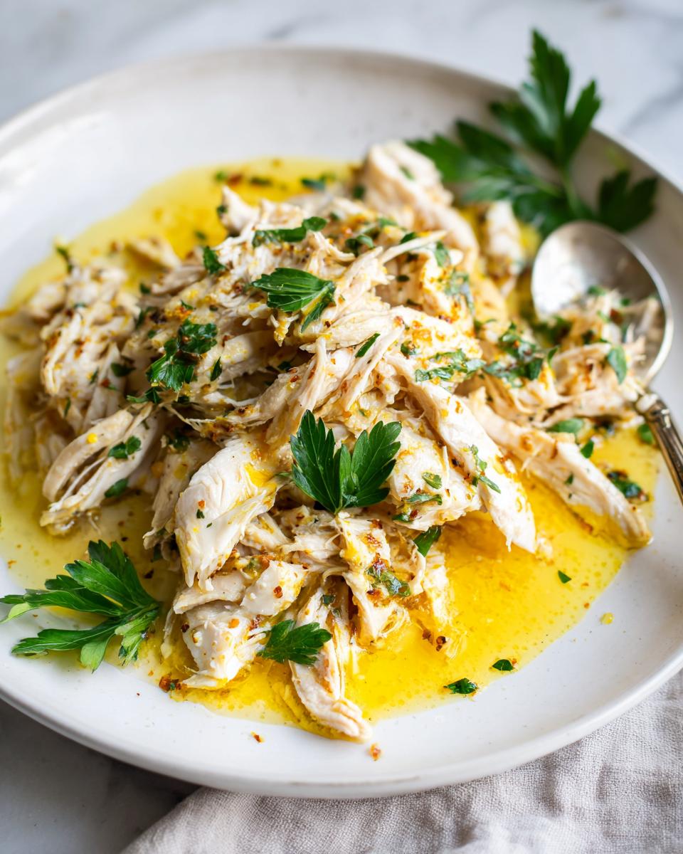 Shredded Instant Pot Lemon Chicken served on a white plate with lemon sauce and parsley.
