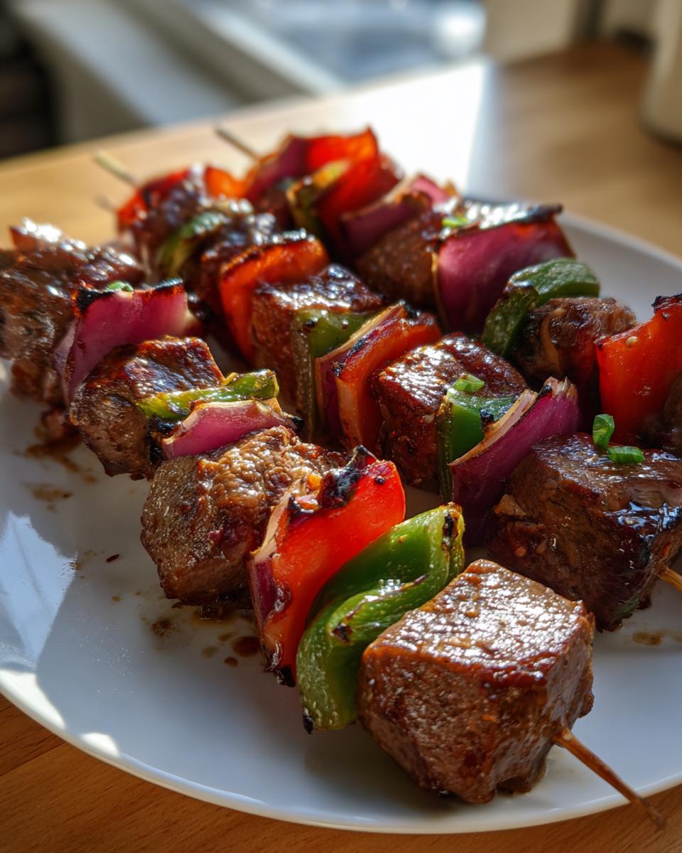 Close-up of delicious grilled Lamb Kabobs with red onion, bell peppers, and juicy lamb.